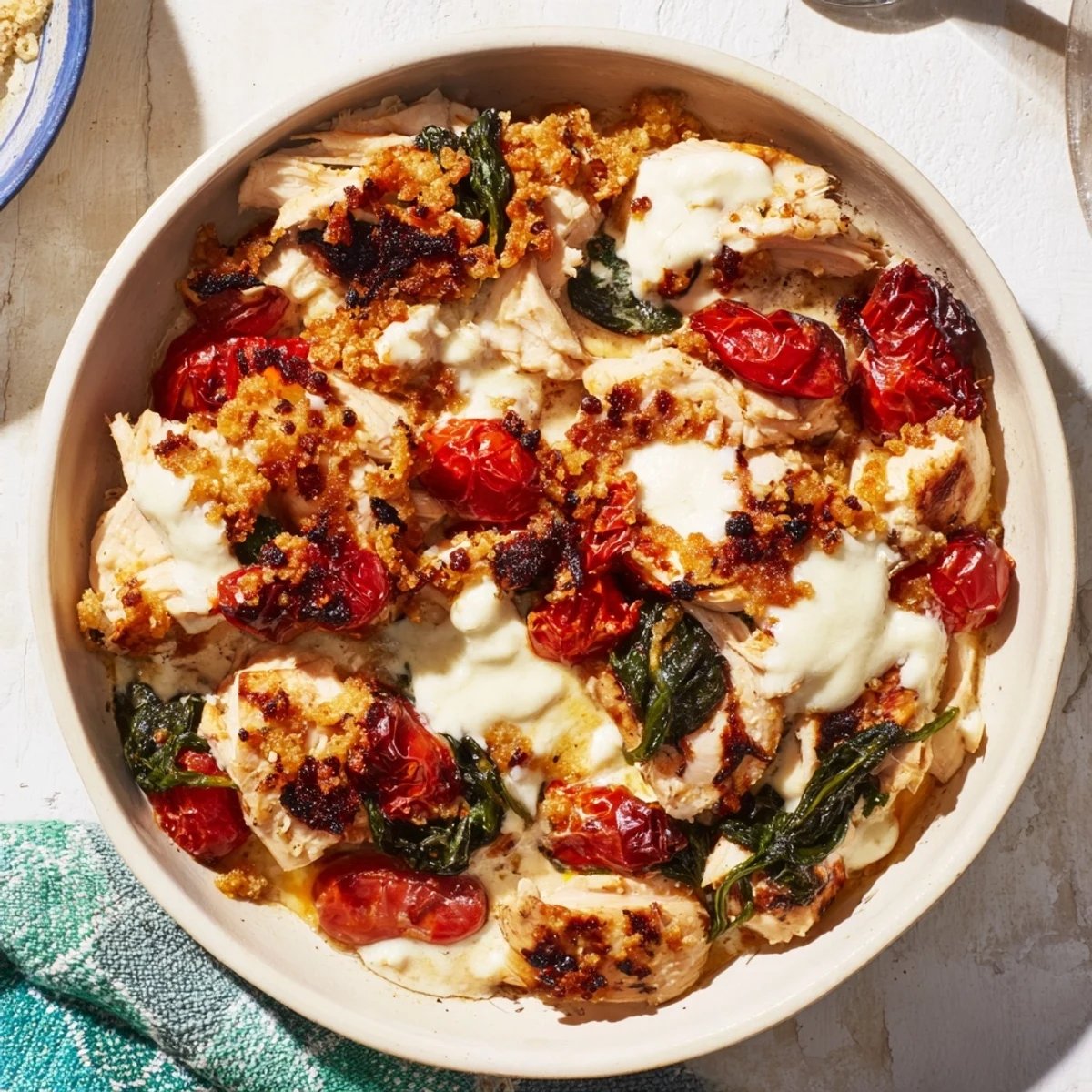 A bubbly, cheesy close-up shows a comforting Marry Me Chicken Casserole, full of flavorful ingredients.