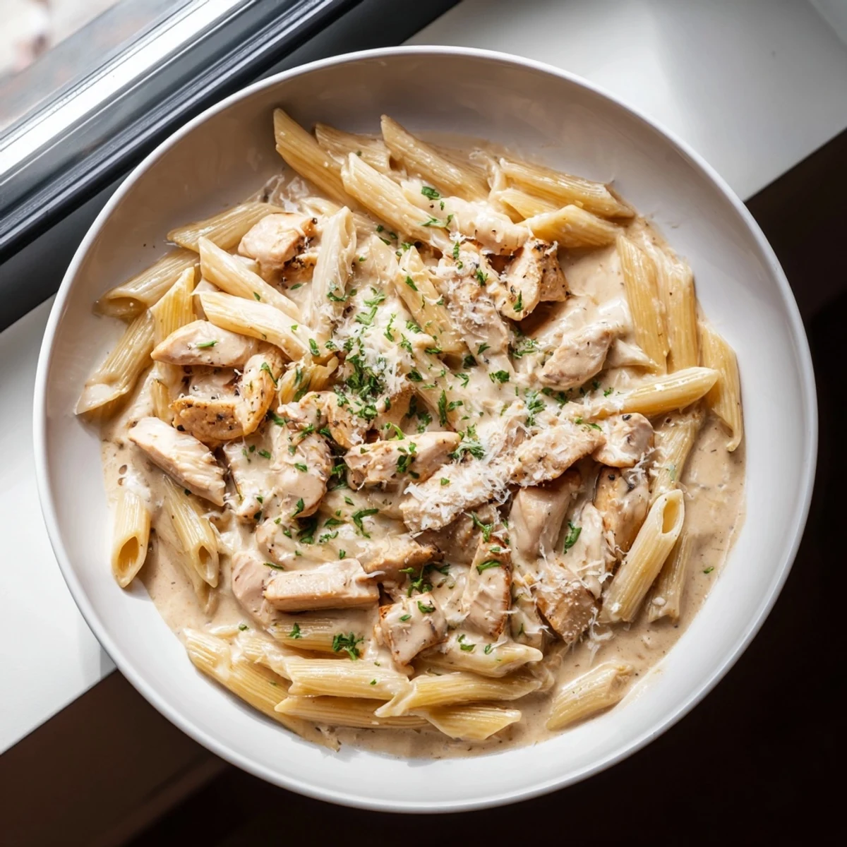 Creamy Tinis Chicken Pasta, a comforting bowl with tender chicken and a luscious, creamy sauce.