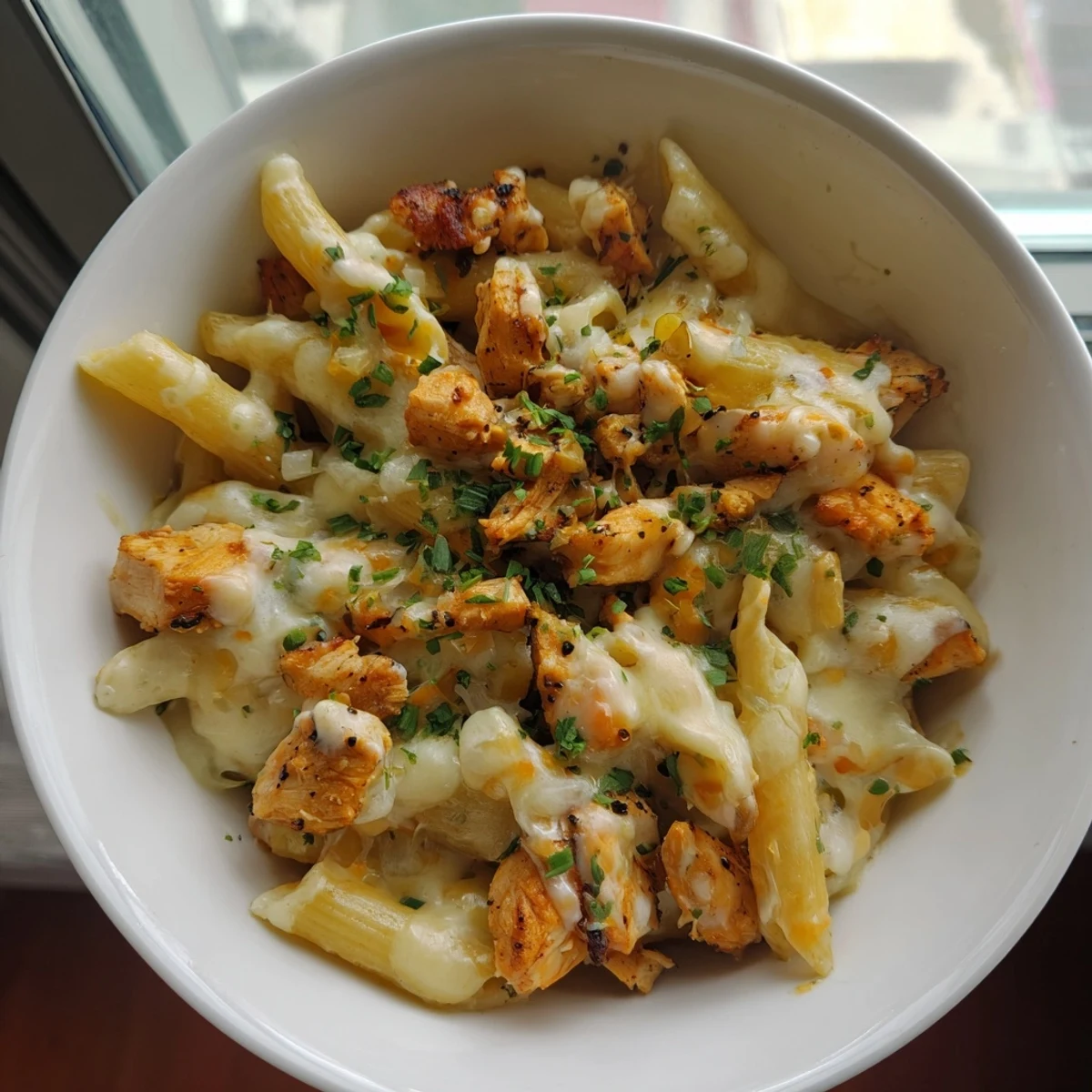 Close-up of Tinis Creamy Chicken Pasta, showing the rich, cheesy sauce and perfectly cooked penne.