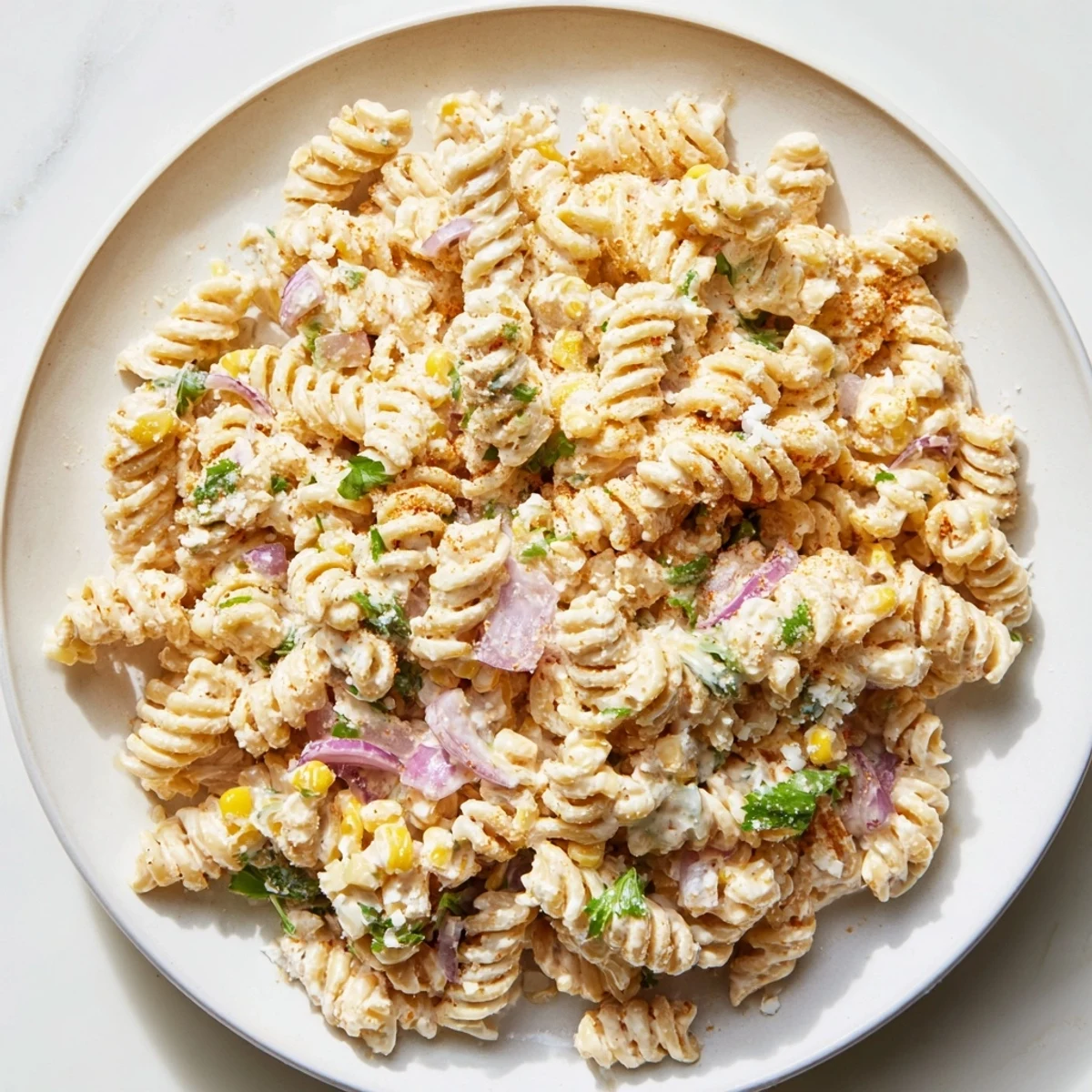 Enjoy a bowl of creamy Street Corn Pasta Salad with juicy lime wedges, a delightful and flavorful dish.