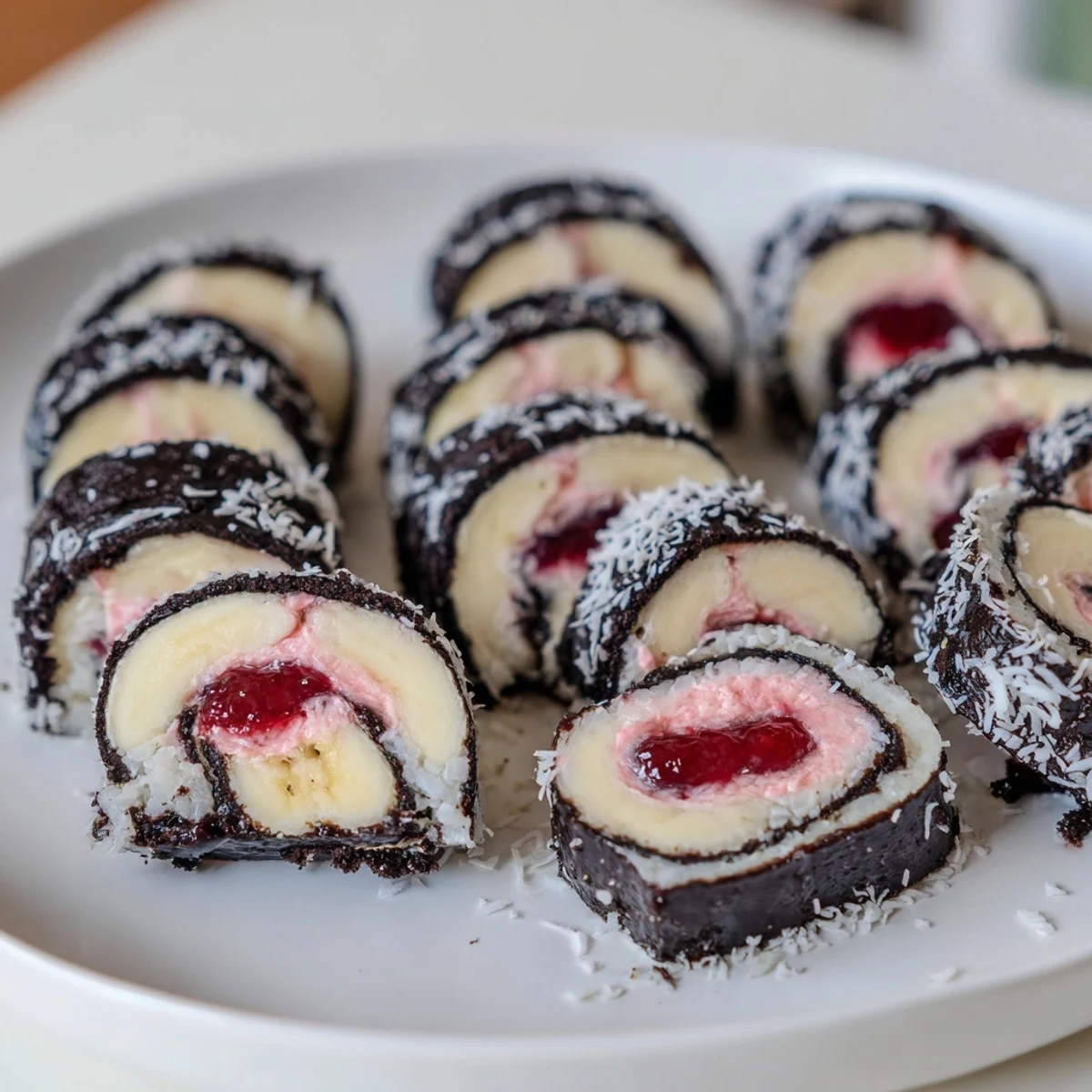 Sweet Oreo Cookie Sushi Rolls, layered with jam and coconut, served with chocolate soy dip.