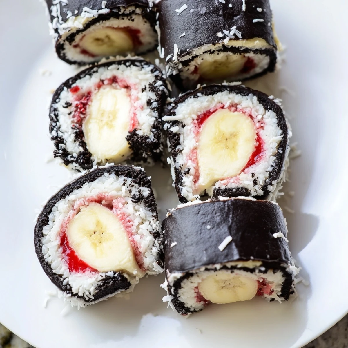 Close-up of Oreo Cookie Sushi Rolls, sliced with banana inside, a unique sweet treat.