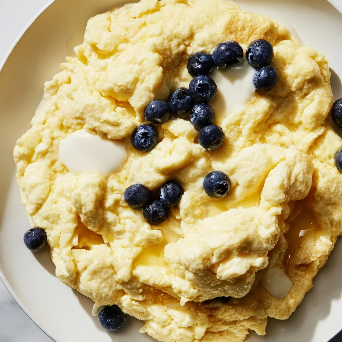 Easy one-bowl recipe, these fluffy scrambled pancakes are ready to enjoy with maple syrup.