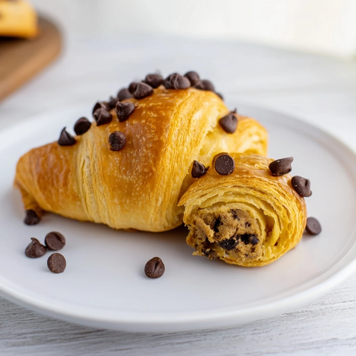 Perfectly baked Chocolate Cookie Croissants, hinting at a delightful cookie-dough filling for a sweet morning treat.