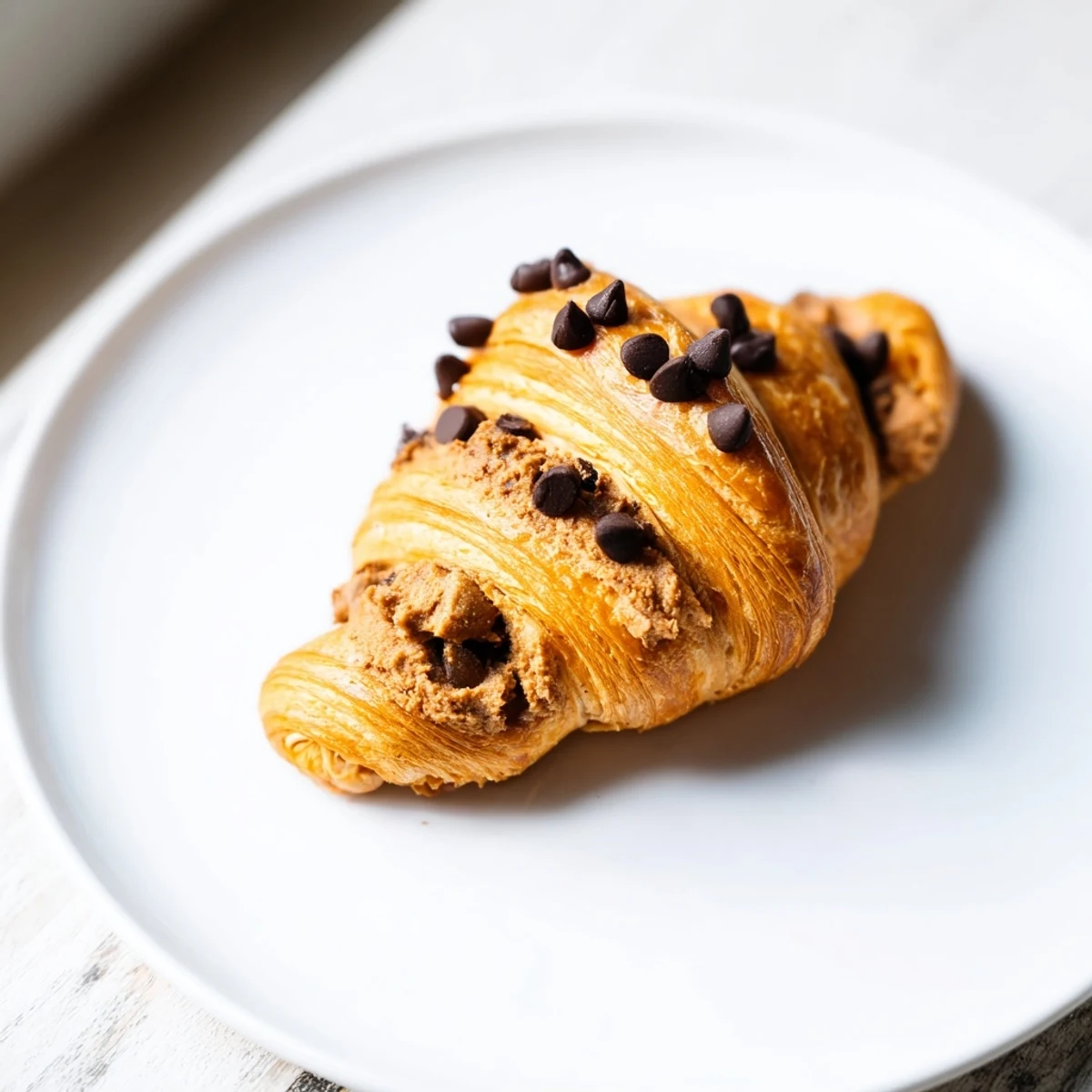 Warm, gooey Chocolate Cookie Croissants, with a chocolate chip cookie center, looking irresistibly delicious.