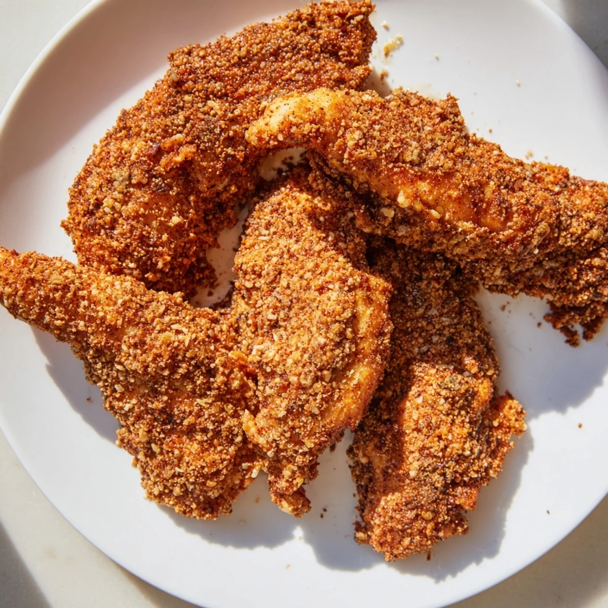 Mouthwatering air-fried chicken tenders with a perfectly crisp, seasoned breading alongside dipping sauce.