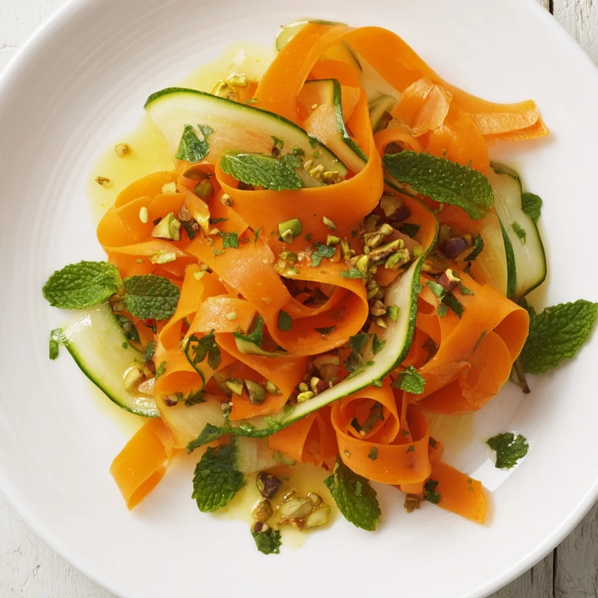 Brightly colored Carrot Ribbon Salad, with a drizzle of honey, inviting you to imagine fresh flavors.