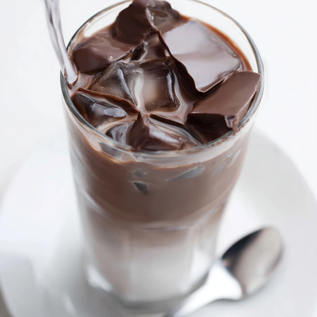 Crisp chocolate tops the cool, layered Chocolate Cracking Iced Latte, perfect for a sunny afternoon treat.