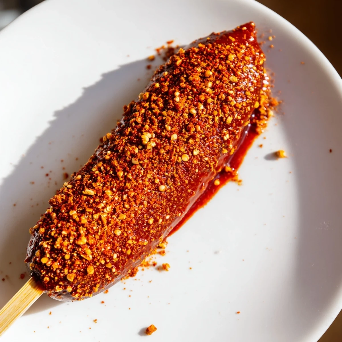 Crisp Chamoy-Tajín pickle sticks, coated in vibrant red chamoy and zesty seasoning—a delicious, spicy snack.