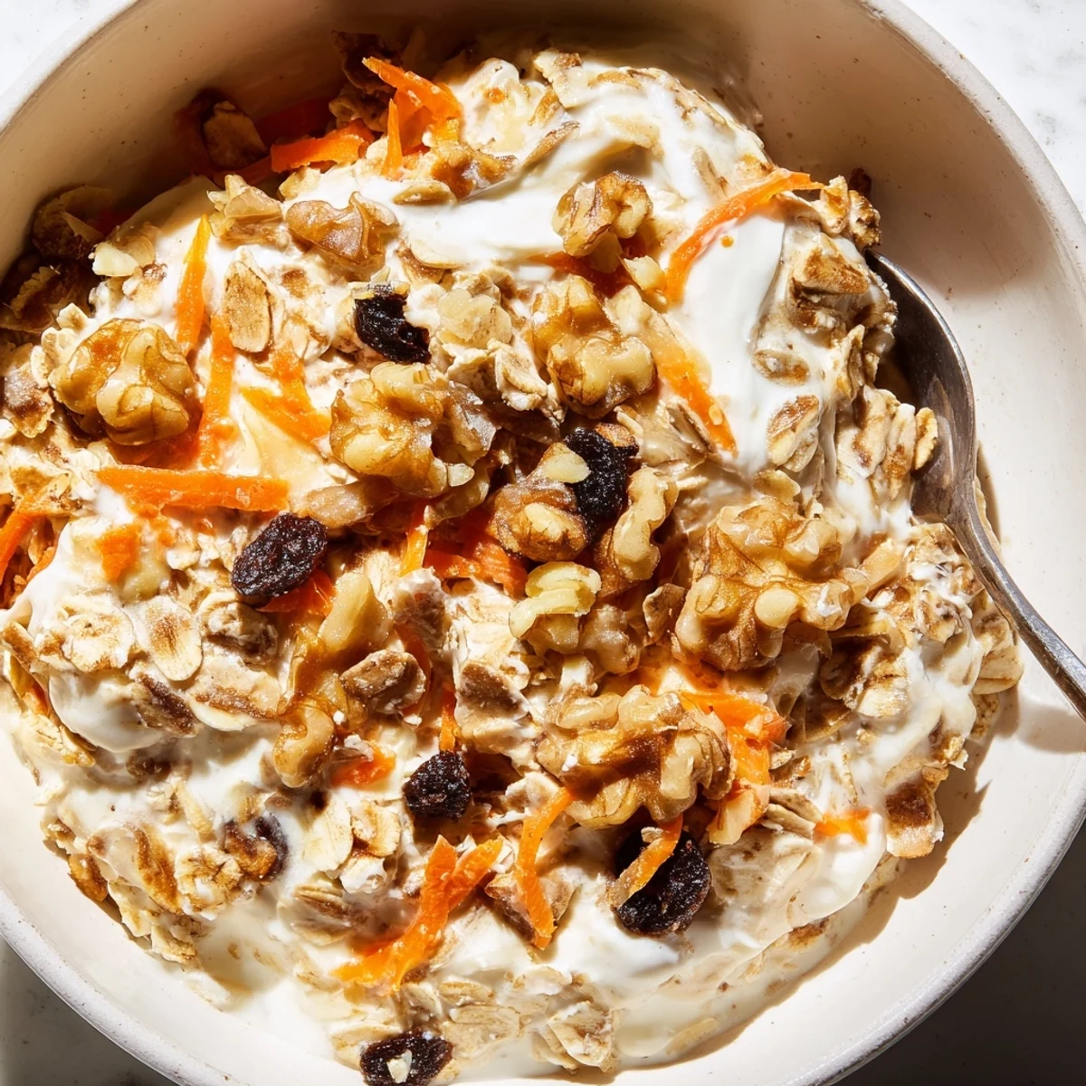 Creamy Carrot Cake Overnight Oats, layered beautifully, ready for a delicious, make-ahead breakfast.