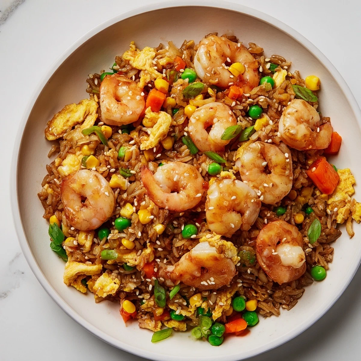 Savory shrimp fried rice hack steaming hot in a skillet, showcasing fresh shrimp and vegetables.