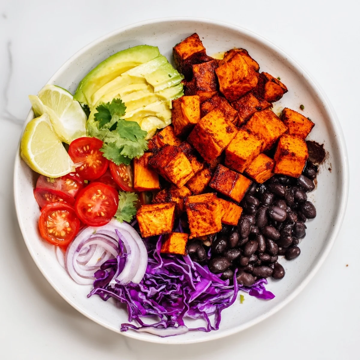 Roasted sweet potato taco bowls, a colorful vegan meal, with vibrant vegetables and zesty dressing.