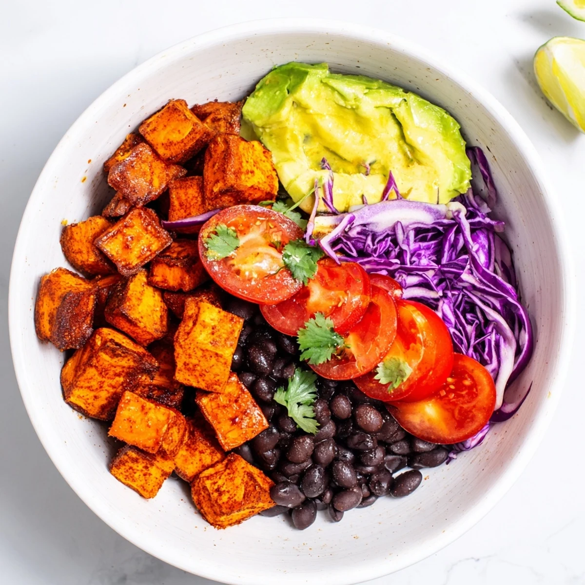Delicious Sweet Potato Taco Bowls, overflowing with roasted sweet potatoes, beans, and fresh toppings.