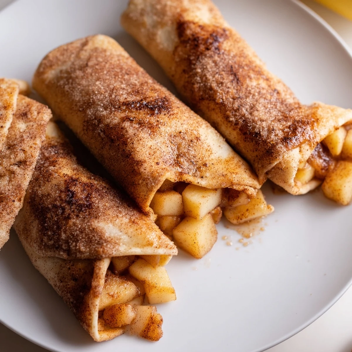 Warm, delicious Apple Pie Roll-Ups with a drizzle of caramel, perfect for a cozy snack.