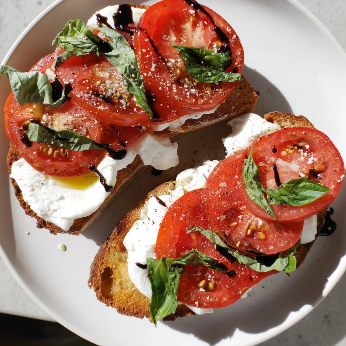 Golden sourdough Tomato Burrata Toast, topped with juicy tomatoes, creamy cheese, and fragrant basil.