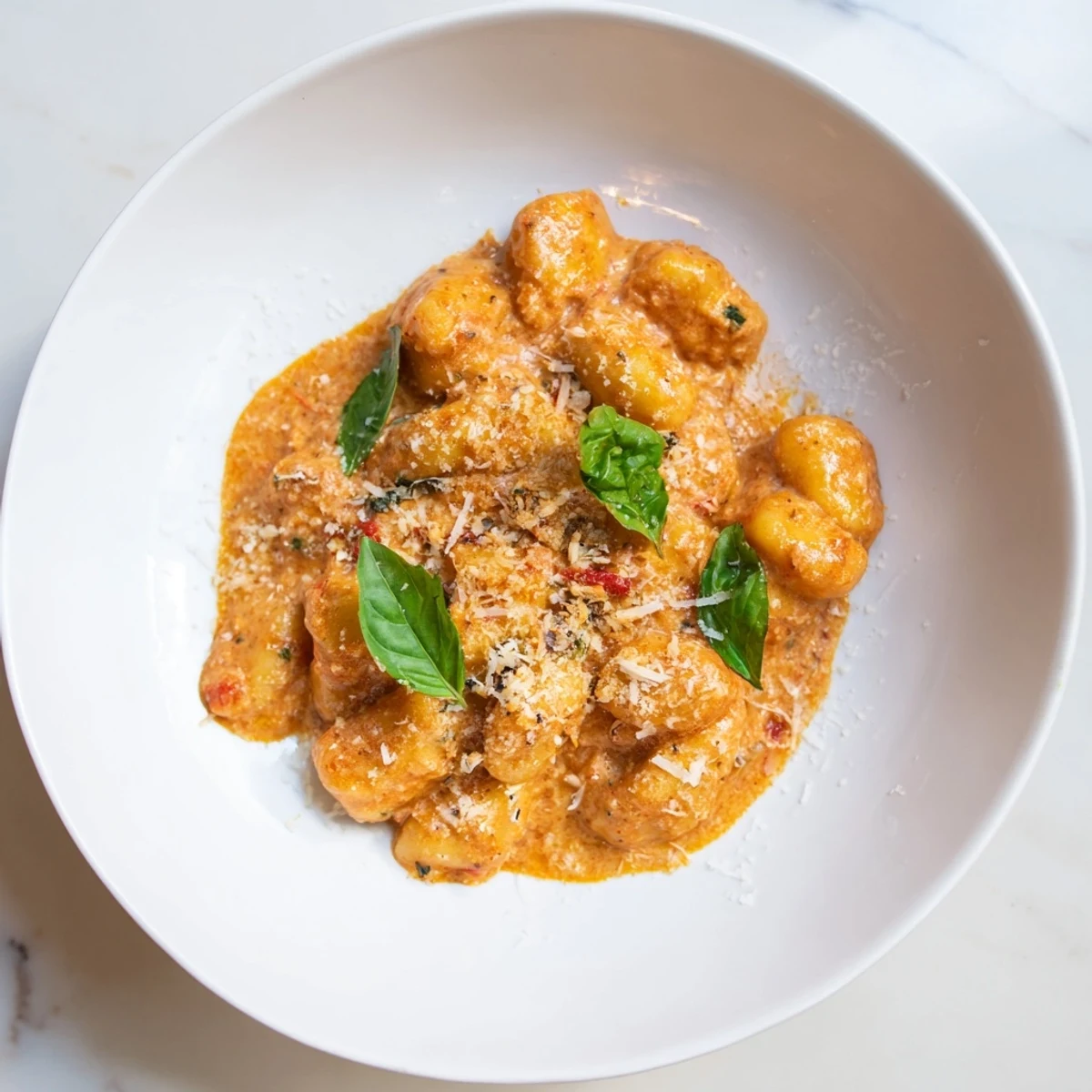 Steaming bowl of creamy tomato gnocchi, swirled with parmesan and fresh basil for serving.