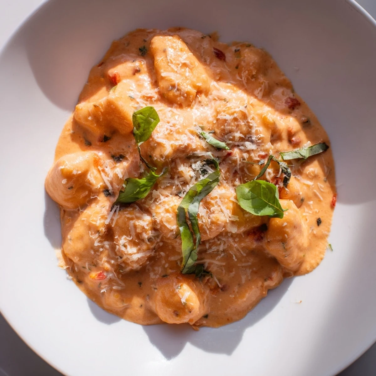 Vibrant photo of a one-skillet creamy tomato gnocchi simmering in a rich, flavorful tomato sauce.
