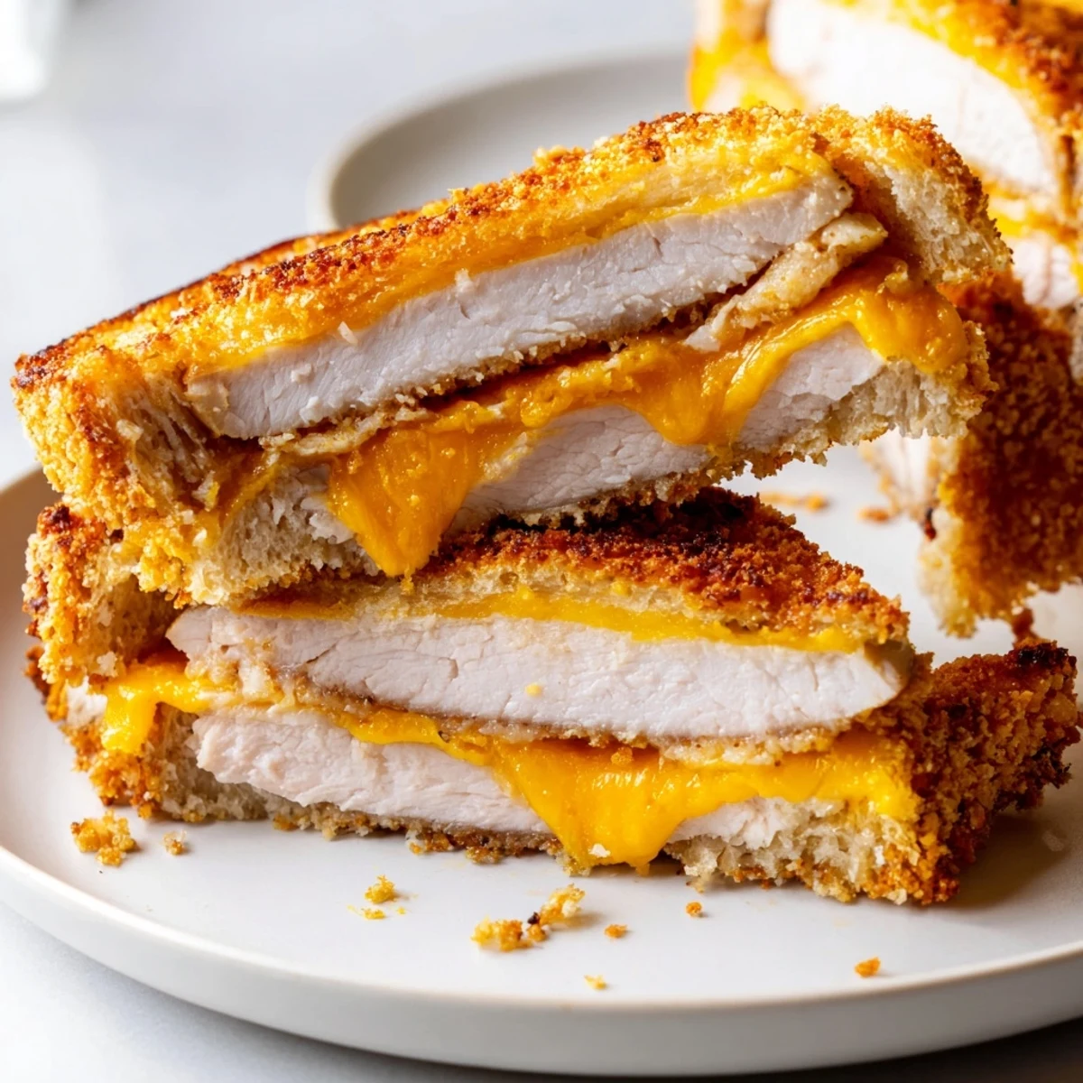 Golden-brown Crispy Panko Pork Chop Grilled Cheese with melted cheese oozing from the toasted bread.