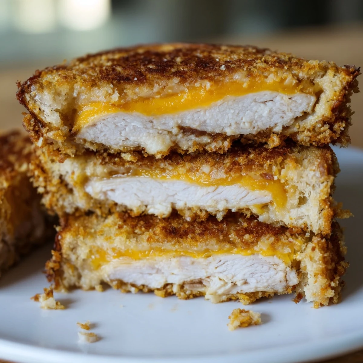 A perfectly grilled Crispy Panko Pork Chop Grilled Cheese sandwich, served hot and inviting.