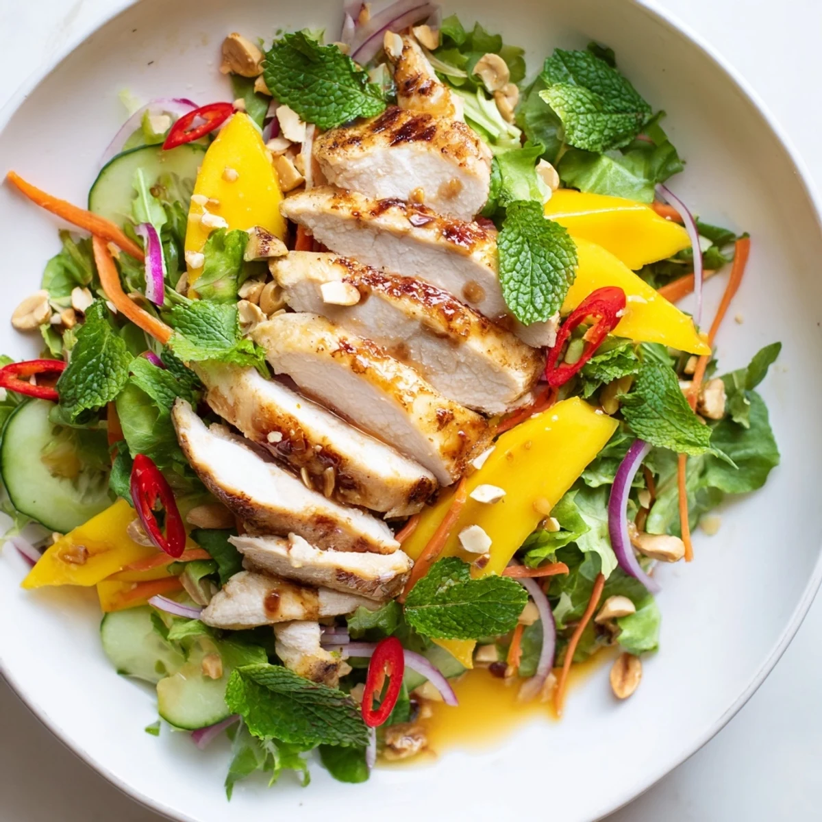A colorful bowl of Thai Mango Chicken Salad, with peanuts, fresh herbs, and tender chicken.