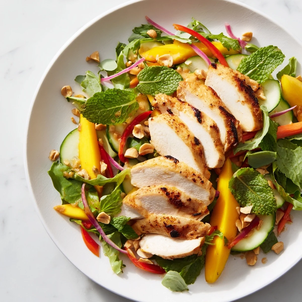 Vibrant Thai Mango Chicken Salad, featuring crisp vegetables and a tangy, zesty lime dressing.