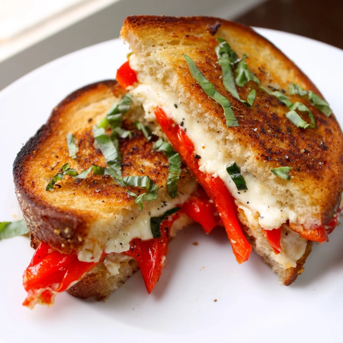 Golden, bubbly Roasted Red Pepper Grilled Cheese, with melted cheese and sweet roasted peppers overflowing.