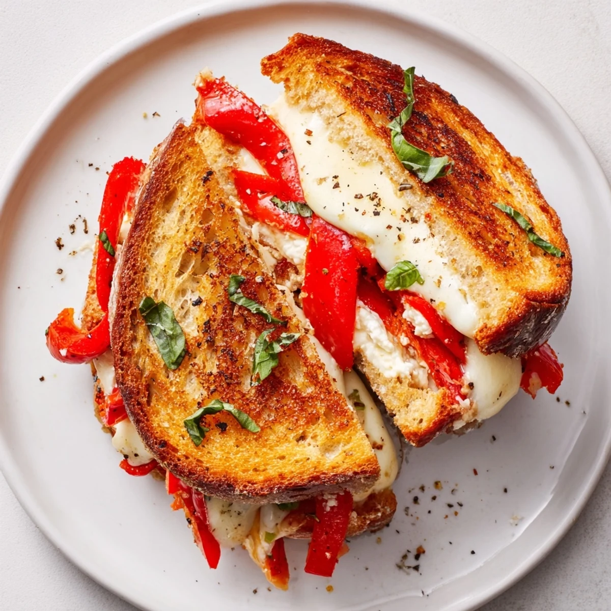 Crispy sourdough hugging a gooey Roasted Red Pepper Grilled Cheese, ready to be enjoyed as a warm, comforting meal.