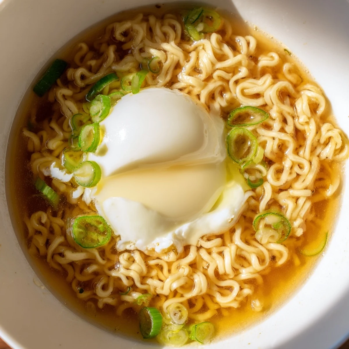 Delicious upgrade for instant ramen recipe, showing the creamy broth and fresh toppings for a quick meal.