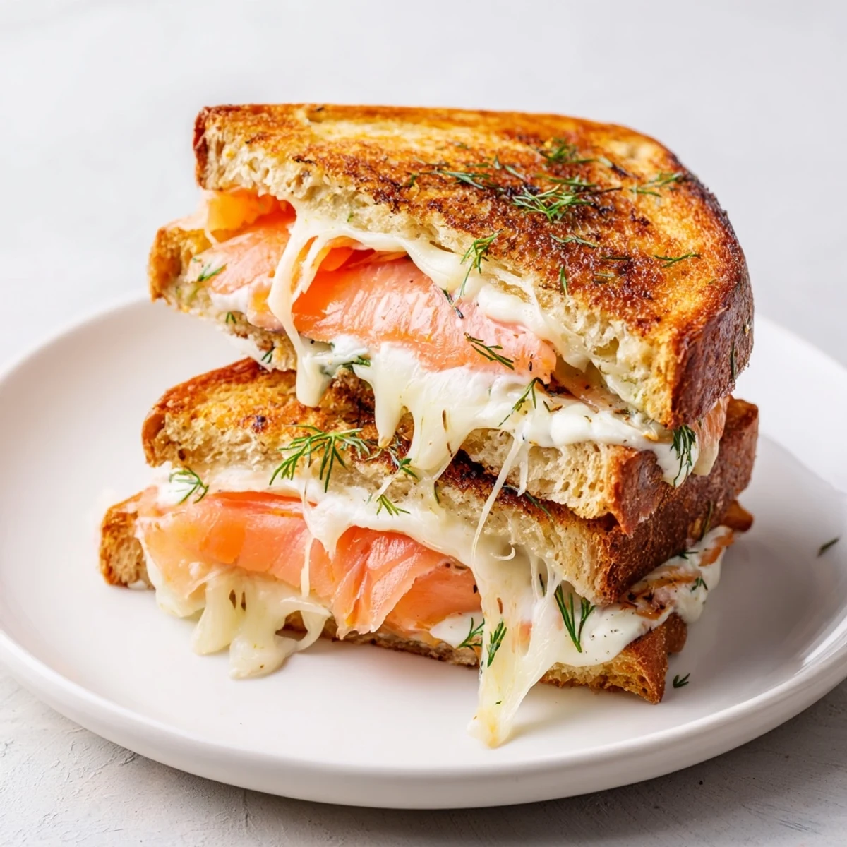 Golden brown Smoked Salmon Grilled Cheese sandwich, cheese melting, served with fresh dill, ready to eat.