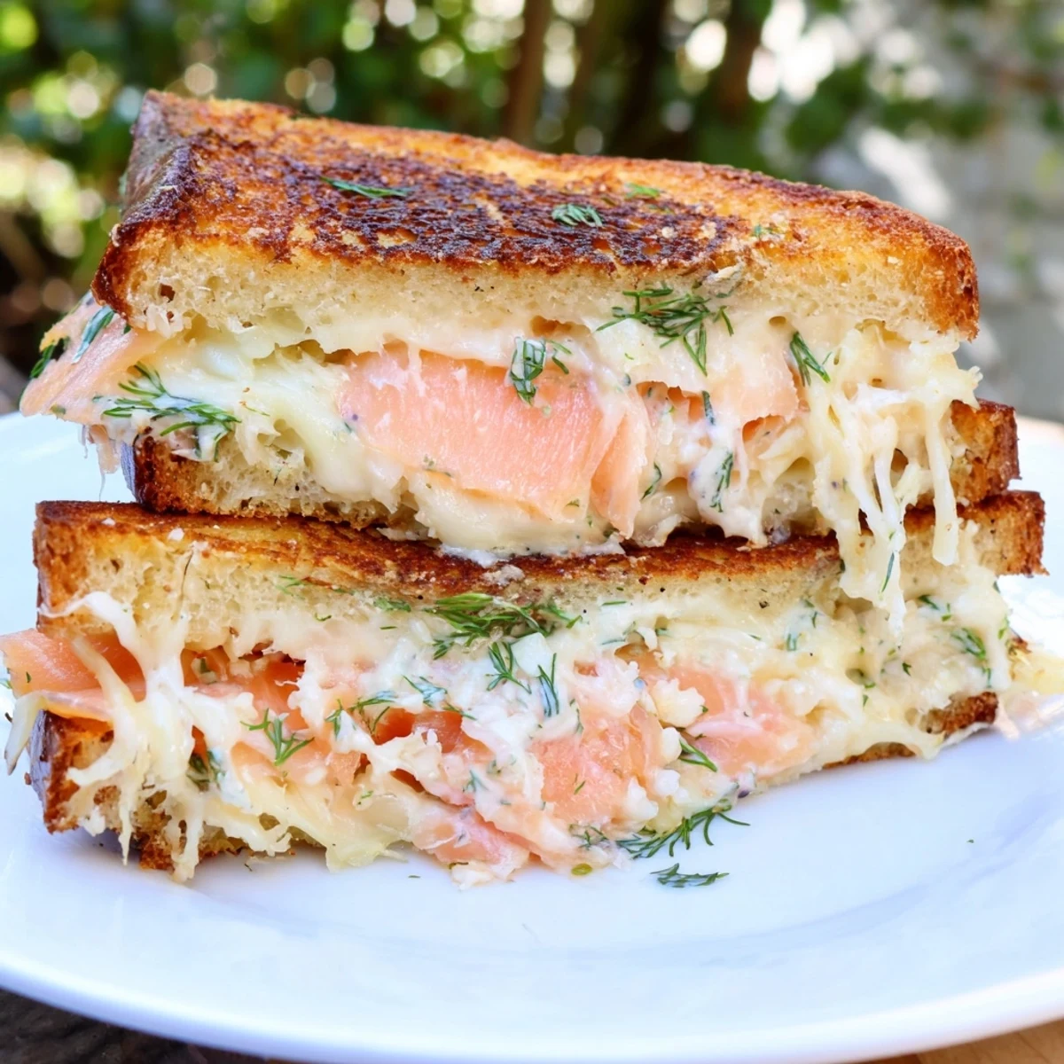 A close-up view of a perfectly grilled Smoked Salmon Grilled Cheese, with flaky salmon and golden crust.