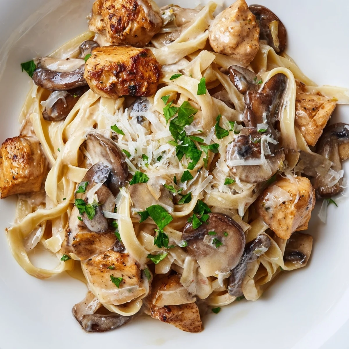 Steaming bowl of creamy mushroom chicken pasta, garnished with fresh parsley, ready to enjoy.