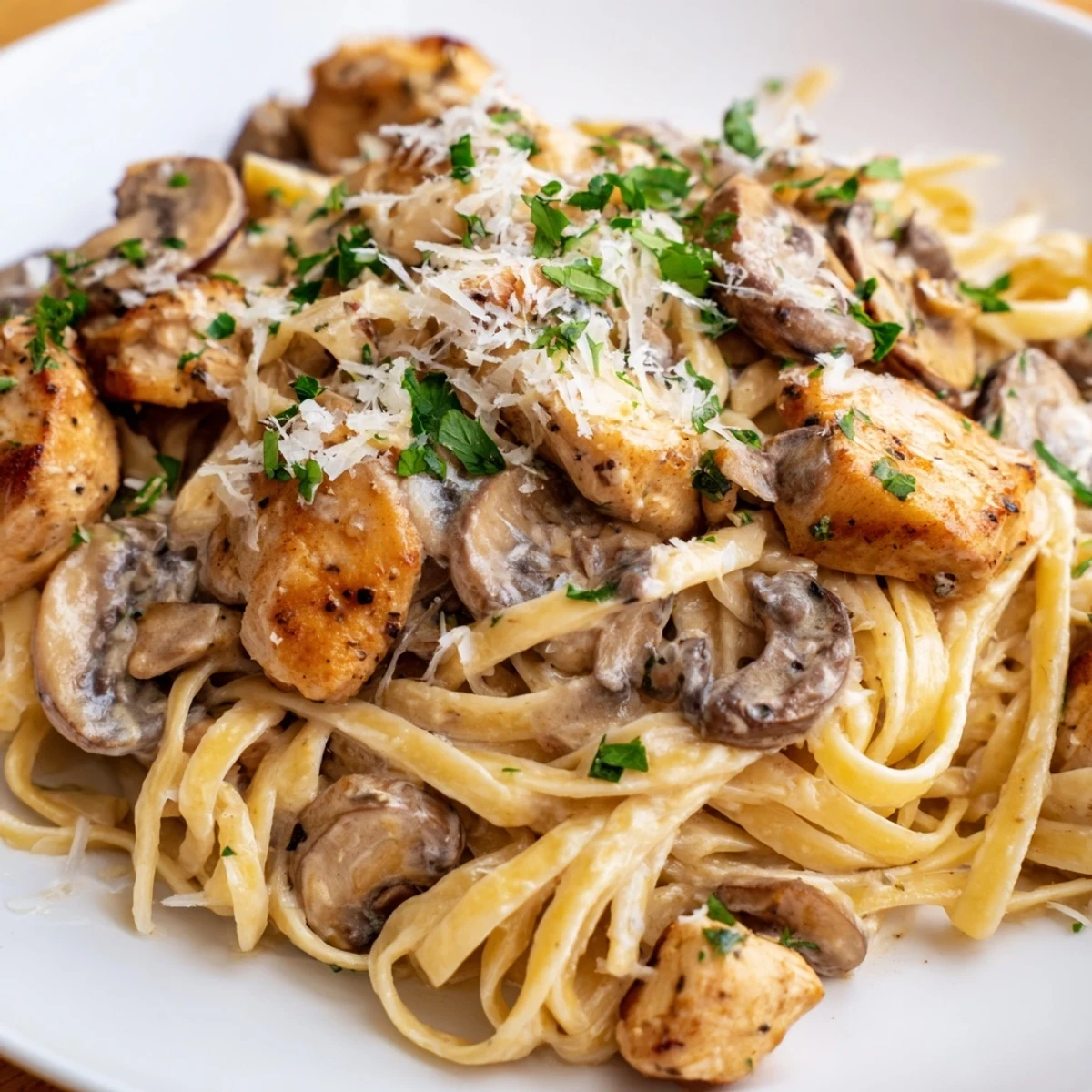 Delicious creamy mushroom chicken pasta, tossed with a rich sauce, ready to serve and savor.