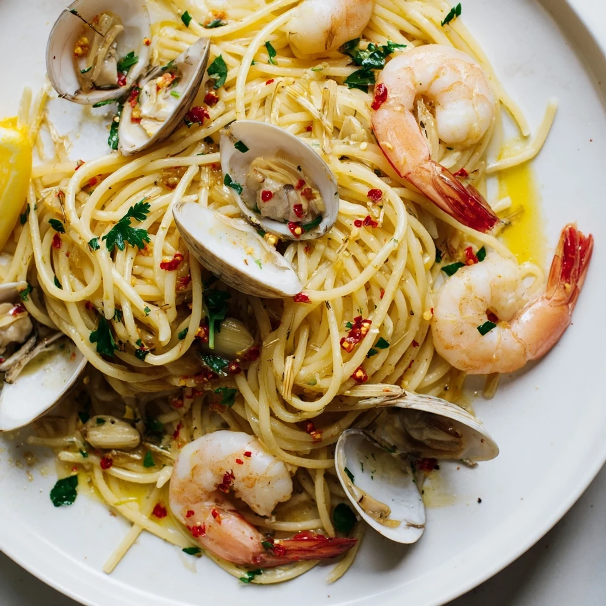 A delicious Seafood Pasta Aglio e Olio with golden garlic, fresh parsley, and tender shrimp and clams.