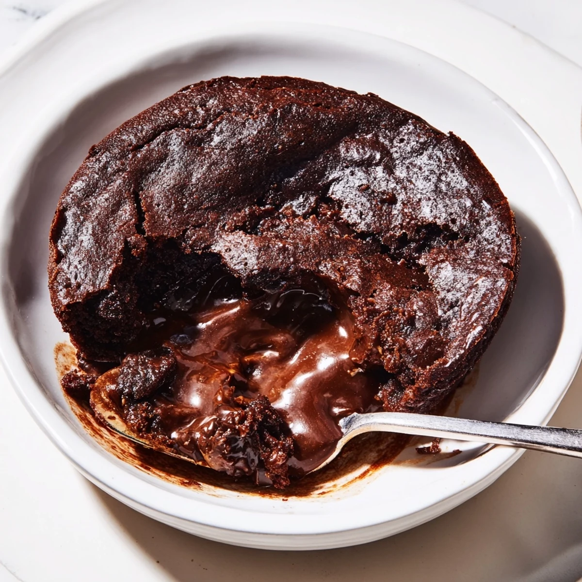 This photo shows a delicious Ina Garten Brownie Pudding, rich and deeply chocolatey, served fresh from the oven.
