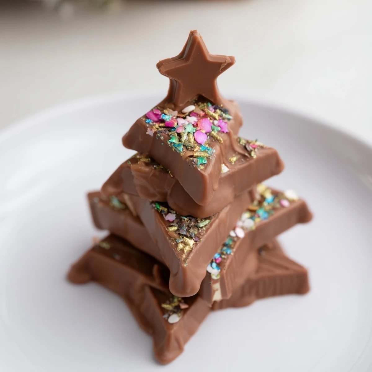 Melting chocolate drizzle coats these gorgeous Chocolate Kinder Christmas Trees, sprinkled with festive glitter.