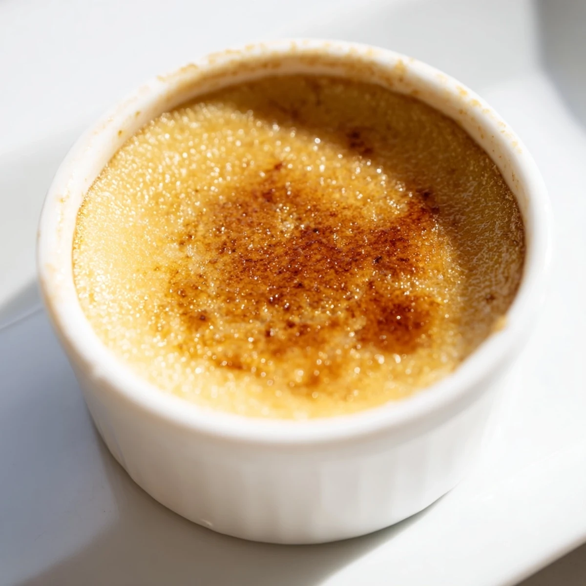 Golden, crackling sugar top on creamy, smooth 3-Ingredient Crème Brûlée, a delightful French dessert.