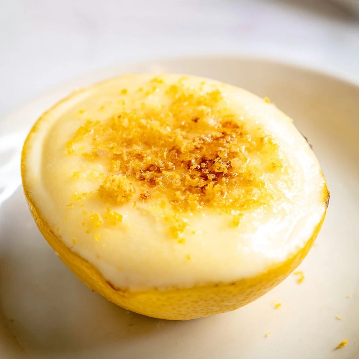 Golden, caramelized sugar atop a refreshing Lemon Brûlée Posset dessert, ready to savor.