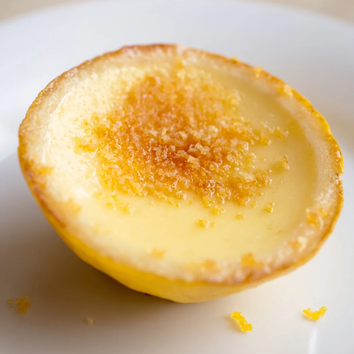 Silky lemon cream filling vibrant lemon shells, creating a delightful Lemon Brûlée Posset for dessert.