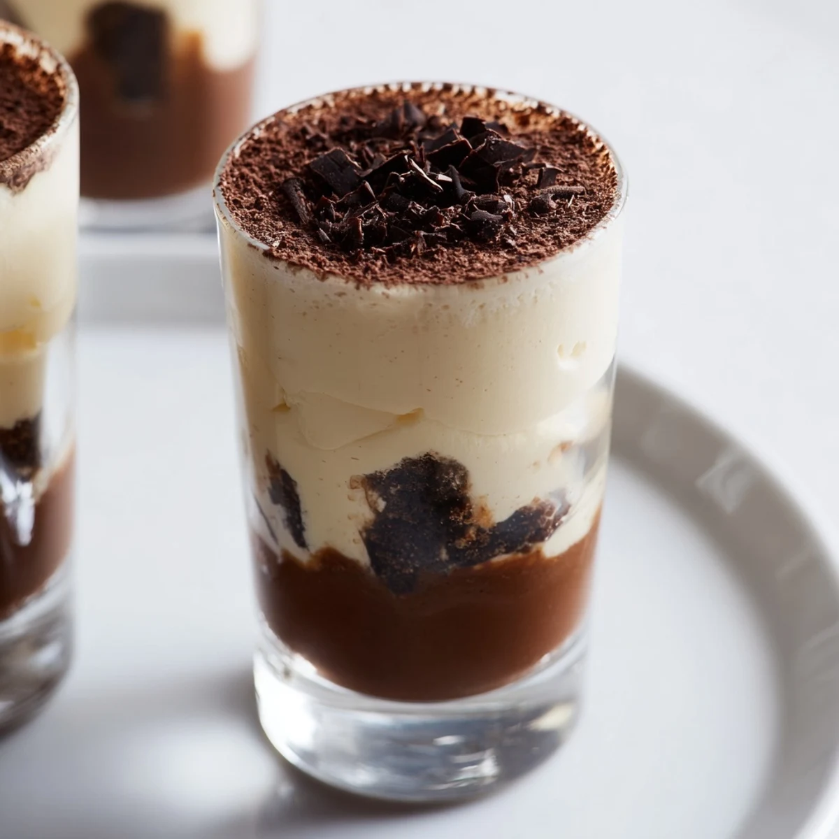 Elegant deconstructed Tiramisu Shots, layered with creamy mascarpone in small, sophisticated glasses.