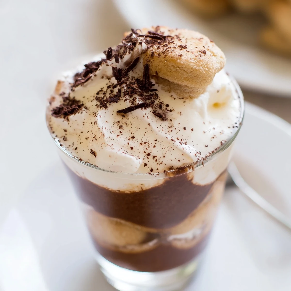 Close-up of decadent Tiramisu Shots, dusted with cocoa and perfect for an Italian dessert party.