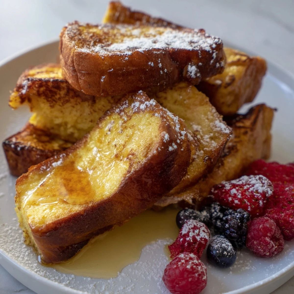 Golden, caramelized Ice Cream French Toast drizzled with maple syrup, a brunch delight.