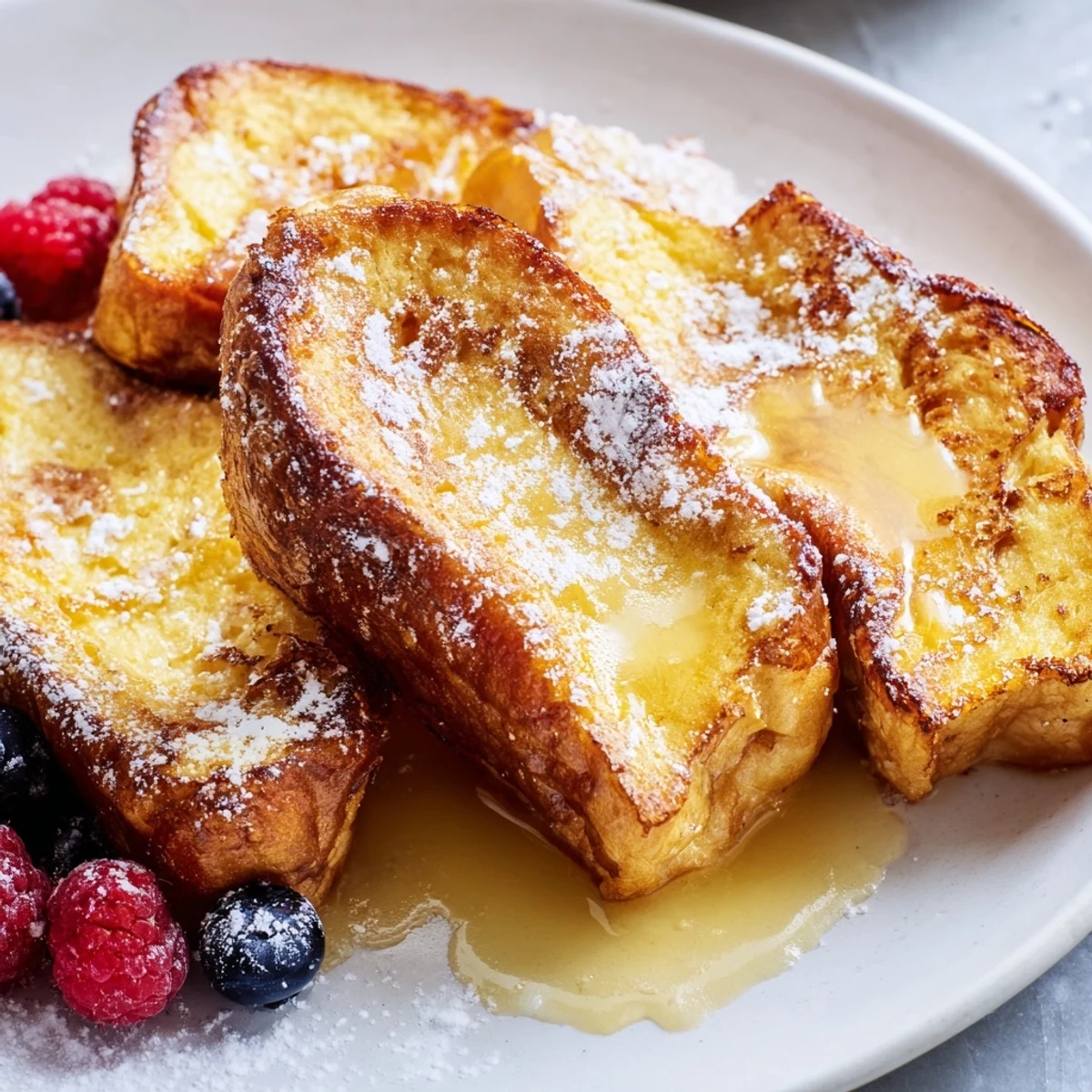 Thick slices of Ice Cream French Toast, cooked to perfection, ready to serve with berries.