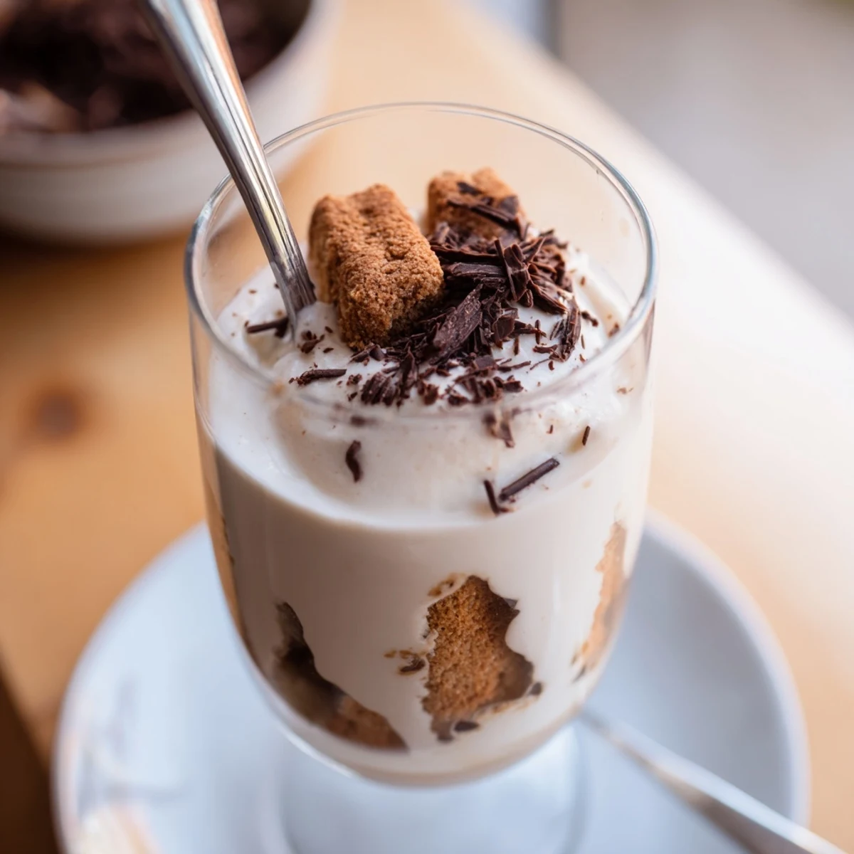 Steaming Tiramisu Latte topped with cocoa, a rich Italian coffee beverage.