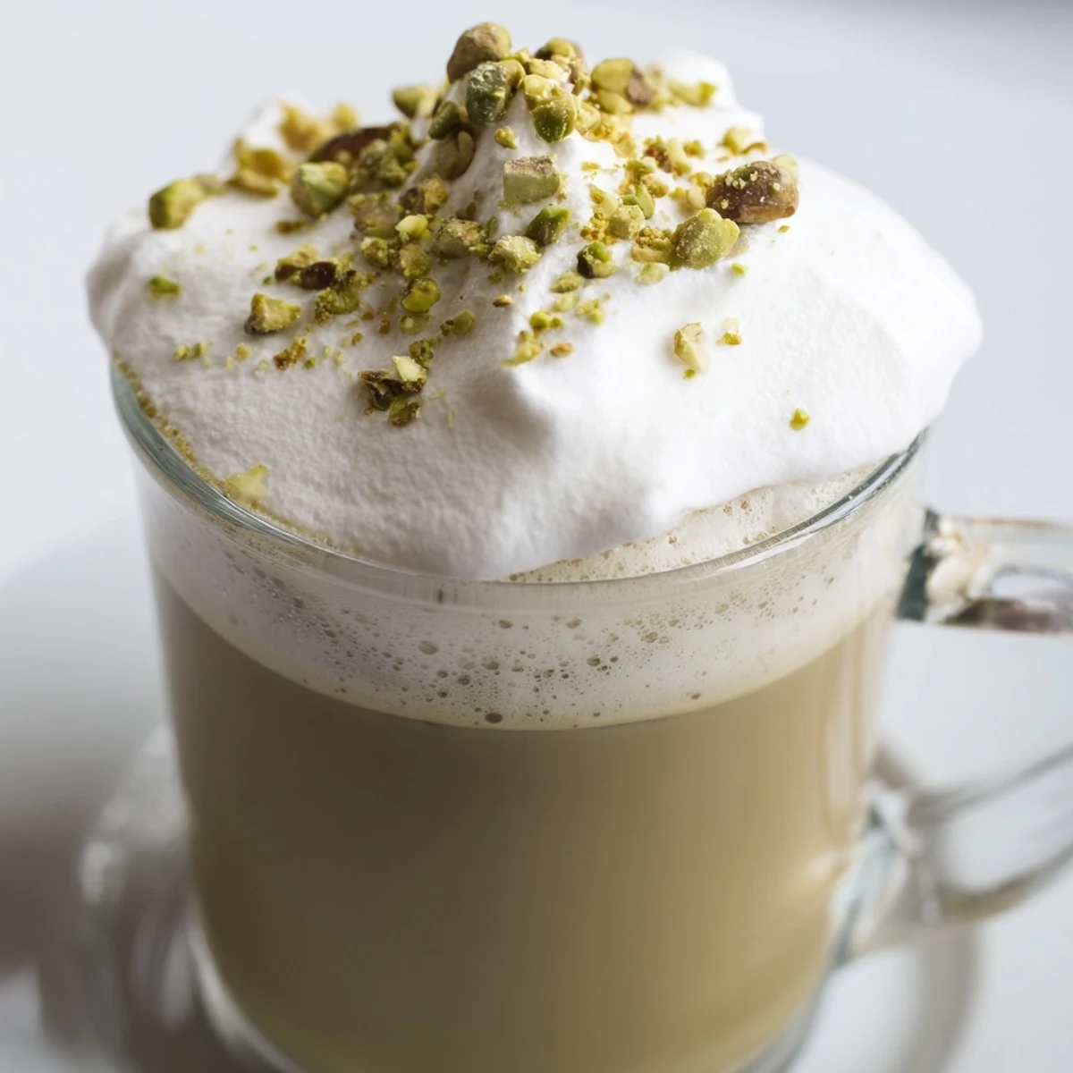 A tall glass of homemade Pistachio Latte, featuring frothy cold foam and garnished pistachios.