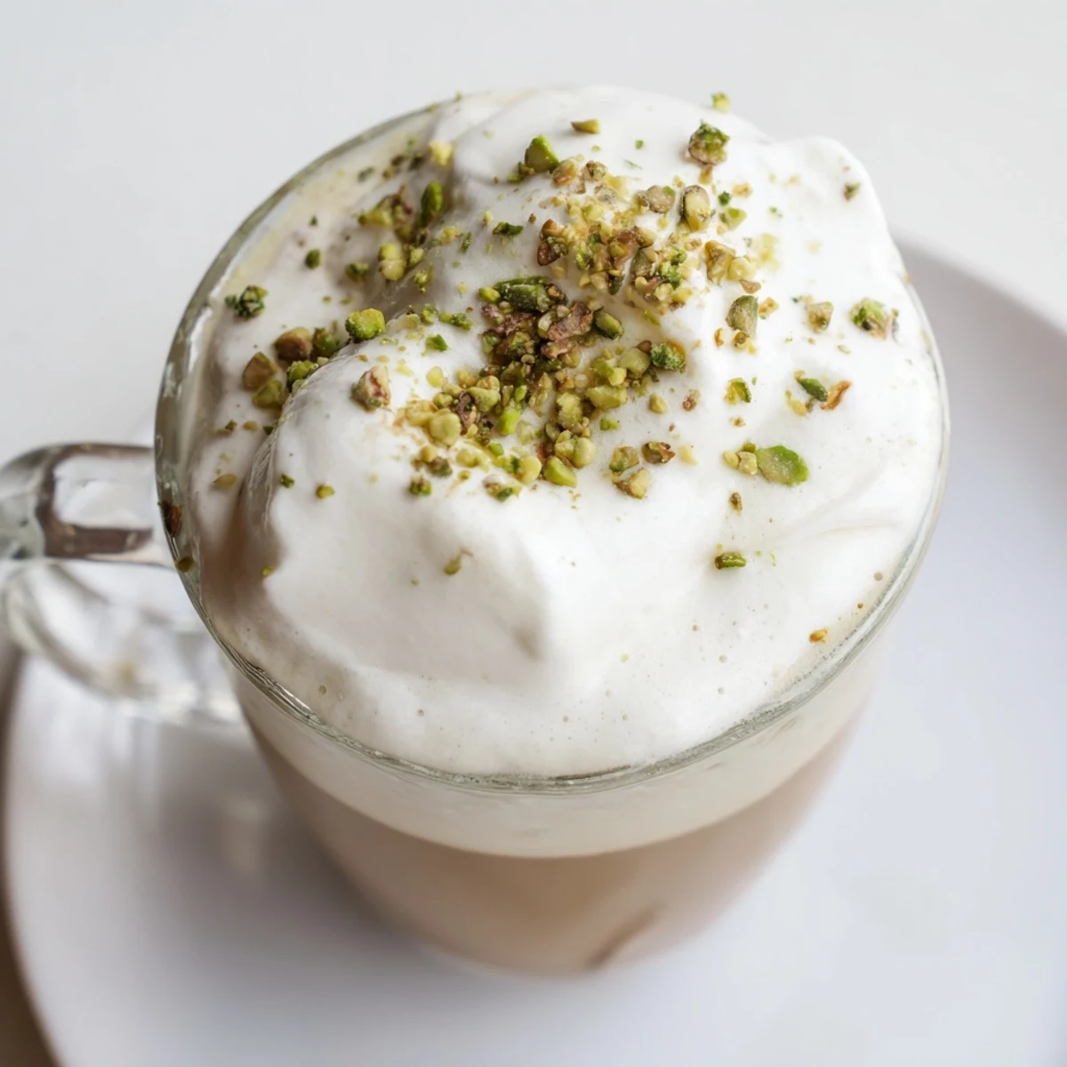 Steaming pistachio milk layered with espresso, crowned with whipped cold foam in a Pistachio Latte.