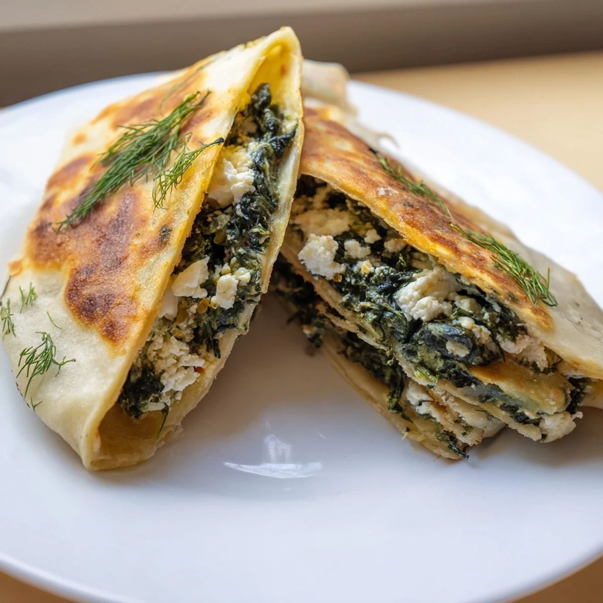Golden Turkish Spinach & Feta Flatbread, crispy edges hinting at a warm, flavorful filling, ready to serve.