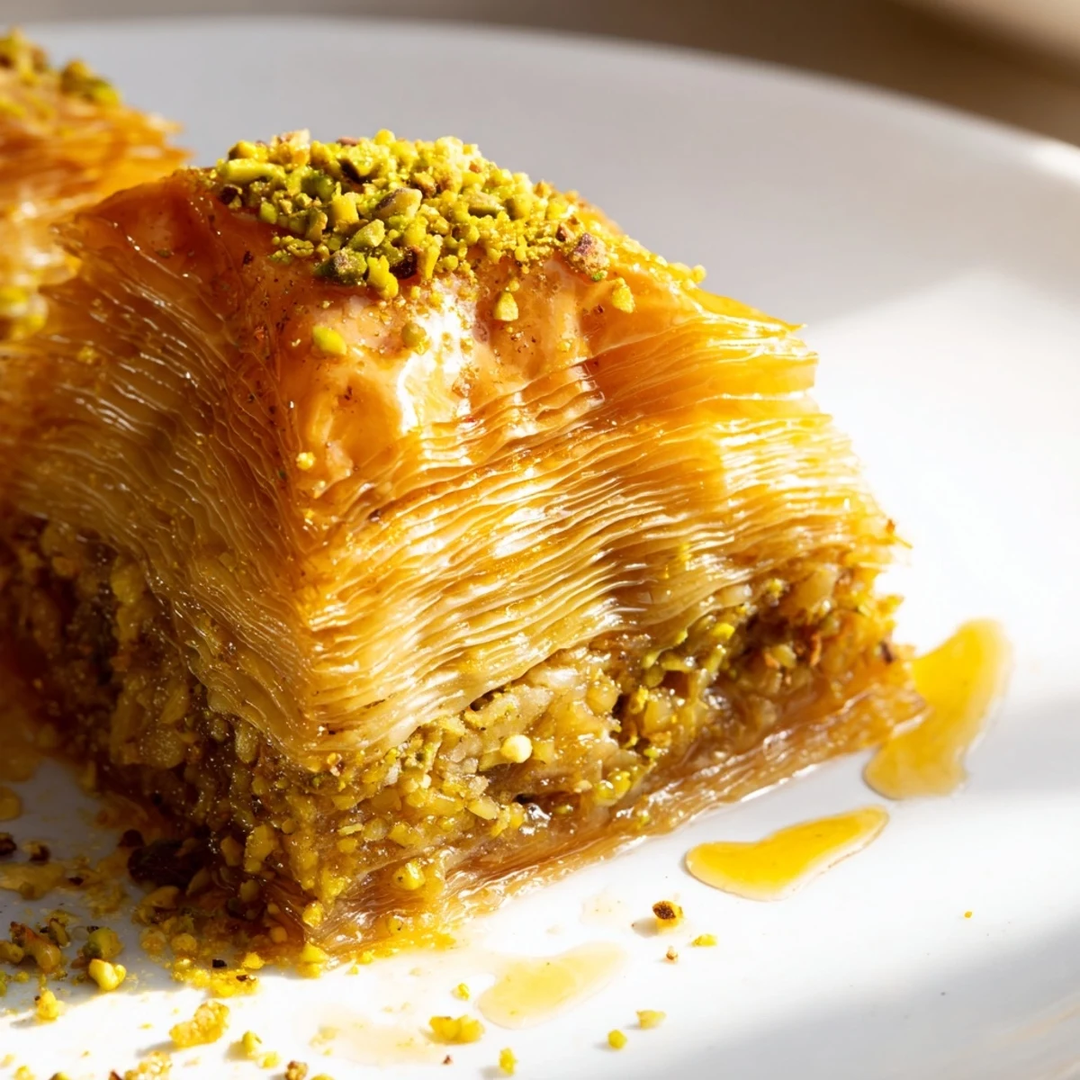 Golden, crispy Turkish Hazelnut & Pistachio Baklava, swimming in sweet honey syrup, is ready to serve.