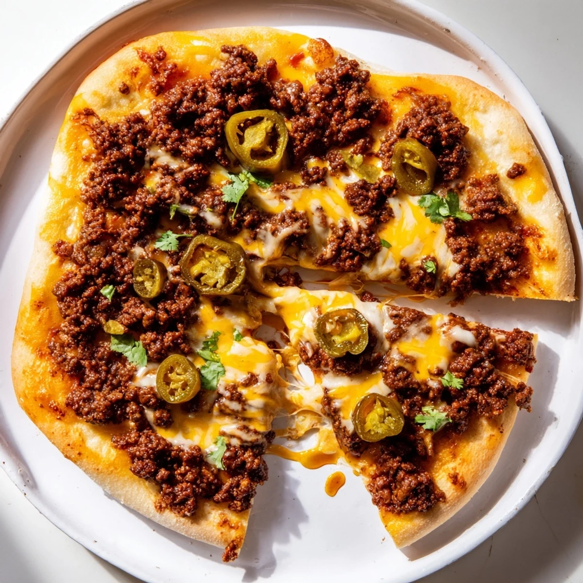 Melted cheese and spicy ground beef topping this pizza base, ready to be served hot.