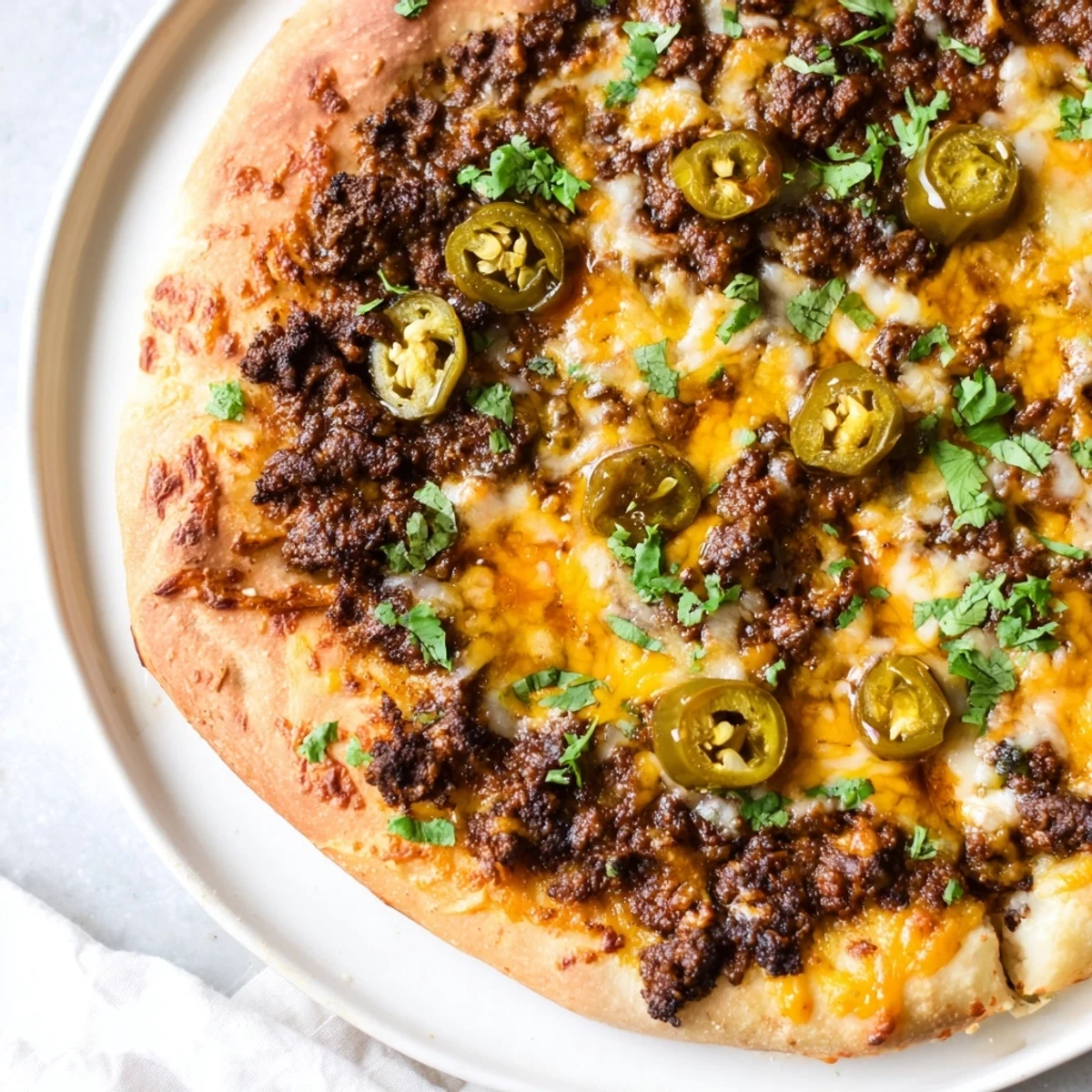 A close-up of the delicious Spicy Ground Beef Pizza Base, showcasing the bubbly cheese and toppings.