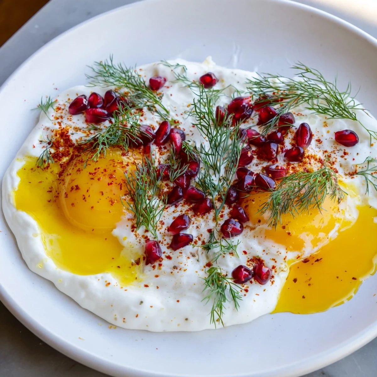 Fluffy poached eggs sit atop garlicky yogurt in this vibrant Çılbır breakfast delight.